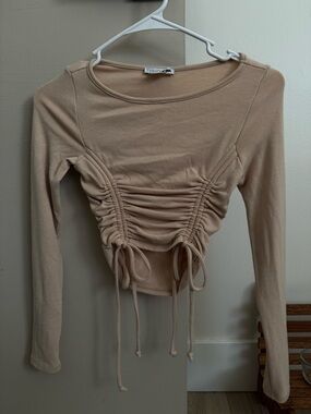 Fashion Nova Taupe Ruched Drawstring Long Sleeve Crop Top